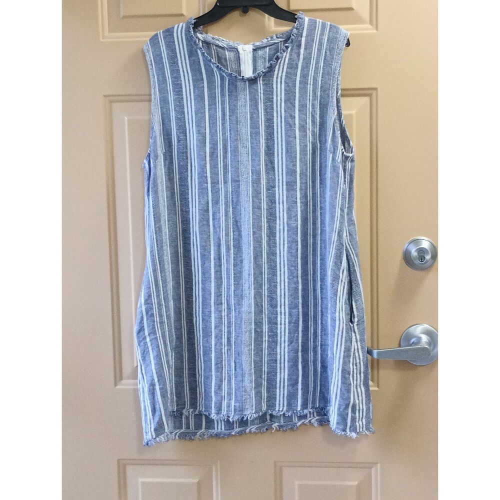 Charlie Paige Blue & White Striped Tank Dress Ruffle Collar Pkts Plus Size 1X